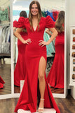Short Sleeves Hot Pink V Neck Mermaid Long Formal HZ0307
